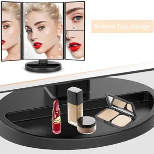 Tri-fold Lighted Vanity Makeup Mirror with 3x/2x/1x Magnification, 21Leds Light and Touch Screen,180 Degree Free Rotation Countertop Travel Cosmetic Mirror (Black) Compact Lightweight Set