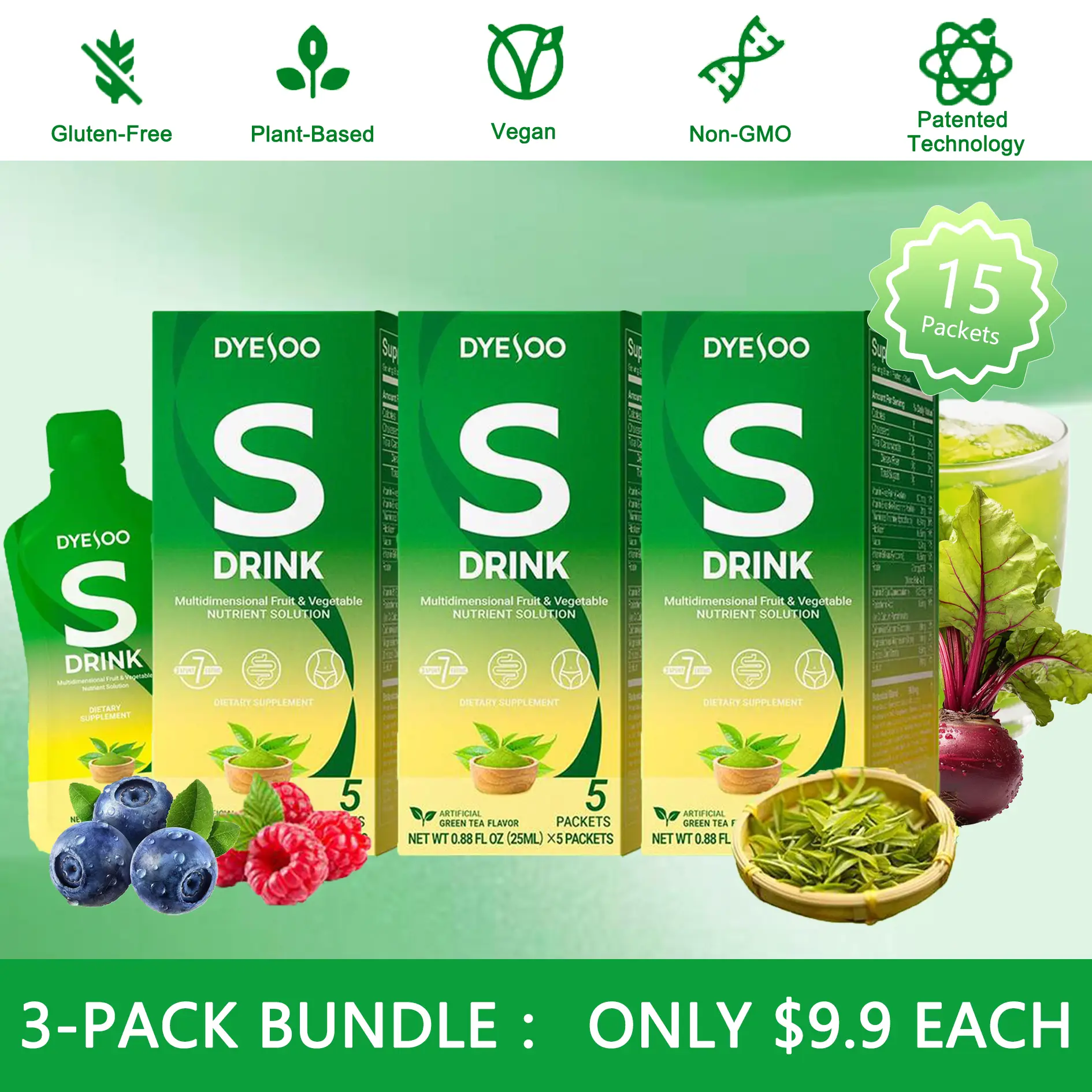 DYESOO S-Drink – Plant-based formula with antioxidants, fiber, and 25+ plant extracts. This low-calorie drink complements a balanced lifestyle.