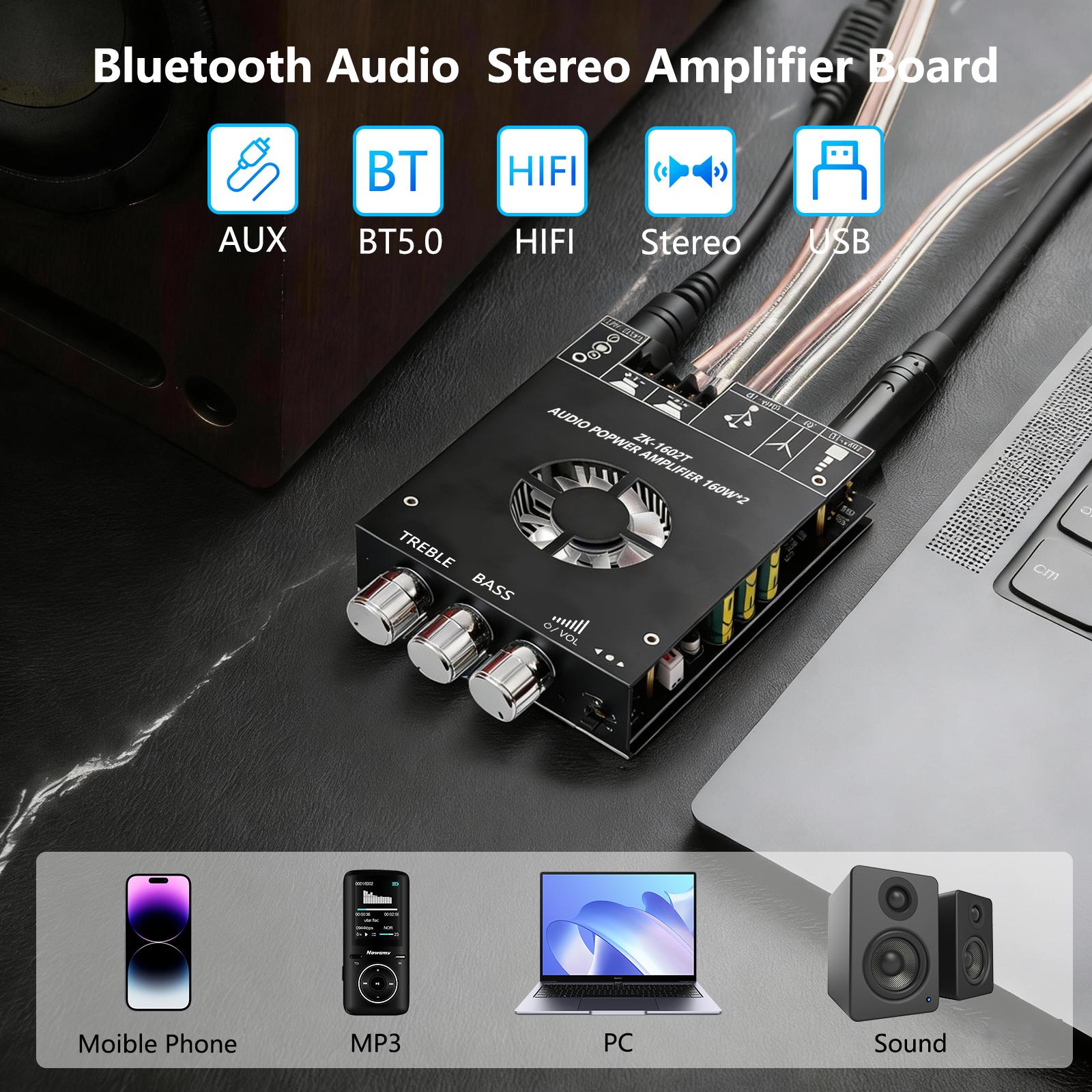 Bluetooth 5.0 Audio Stereo Amplifier Board,160 * 2W HiFi 2.1 Channel Mini Amp Module with Treble & Bass Control with AUX and USB Input,DC 15-36 V for DIY Home Speakers