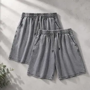 [Solid Color] Vintage Black Washed Denim Shorts Men, Loose Fit Drawstring Shorts, Streetwear Casual Summer Shorts, Oversized Baggy Jean Shorts