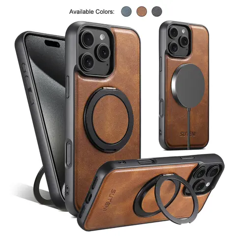 HISTORYOO Business PU Leather Case for iPhone 17 Pro Max 16 15 14 Plus 13 12 For MagSafe Wireless Charging Magnetic 360 degree Rotatable Metal Ring Holder Kickstand Slim Protection Vintage Slim Oil Wax Pattern Retro Leather Stand Cover