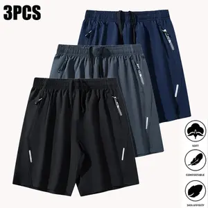 3‑Pack Men's 5 Inch Shorts, Ice Silk Quick Dry Casual Sports Pants, Reflective Stripe Design Running Beach Fitness Shorts for Daily Outdoor Wear