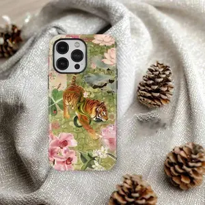 Vintage Tiger Lotus & Blossoms Aesthetic Collage Durable Shockproof Polycarbonate Smartphone Case - Shell Casing Cellphone Protector for iPhone 11/12/13/14/15/16/17 Pro, ProMax, Plus, Air