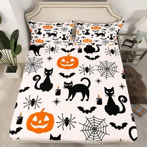 Feelyou Halloween Decor Fitted Sheet Set - Pumpkin Pattern, Bat Design, Black, Adult-Sized, No Top Sheet