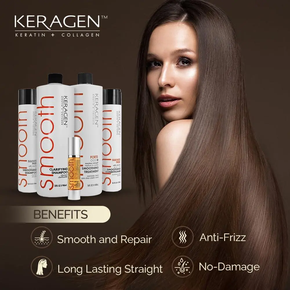 KERAGEN Brazilian Keratin Treatment Kit - Sulfate-Free Straightening & Smoothing Set with Collagen to Restore Damaged, Frizzy Hair, Includes Shampoo & Argan Oil