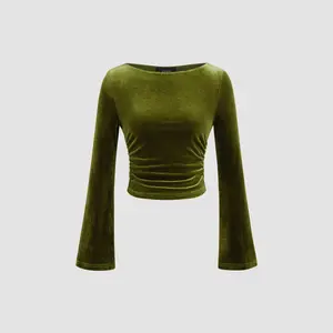 Cider [size 2-10] Velvet Boat Neck Solid Ruched Long Sleeve Crop Top