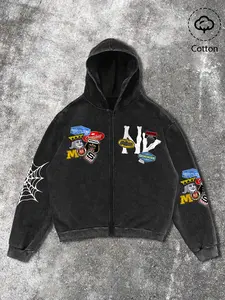 Men's Casual Hooded Sweatshirt, Cotton Material, Vintage Print, Spider Web Arm Pattern, Zipper Design, Fitted, Spring & Fall