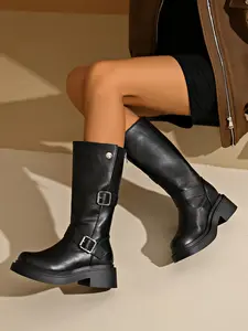 Women's Thick Sole Mid-Calf Boots, Buckle Boots, Slimming Long Boots, Casual Fashion Footwear, Comfortable and Stylish