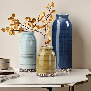 Beige Ceramic Vase Set of 3, Aesthetic Farmhouse Decor for Pampas Grass, Mini Vases for Living Room, Bookshelf, Bathroom Bottle Decoration Floral Flower
