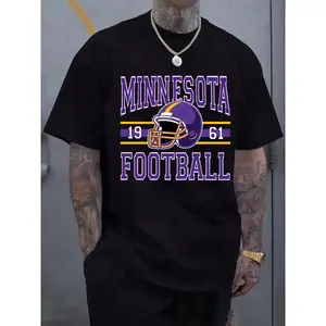 Men's Minnesota Football Graphic T-Shirt - Vintage 1961 Team Colors & Helmet Print, Breathable /Elastane Blend, Loose Fit Stretchable Tee for Game Day & Casual Wear - All-Season Sports Fan Apparel, Outdoor Activities, Sporty Design