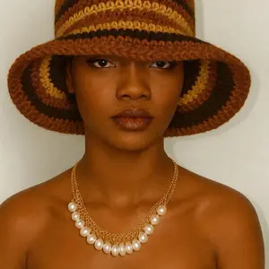 Unisex Crochet Bucket Hat, Brown Summer Streetwear Sun Hat with Fabric Print, Casual Menswear Accessory