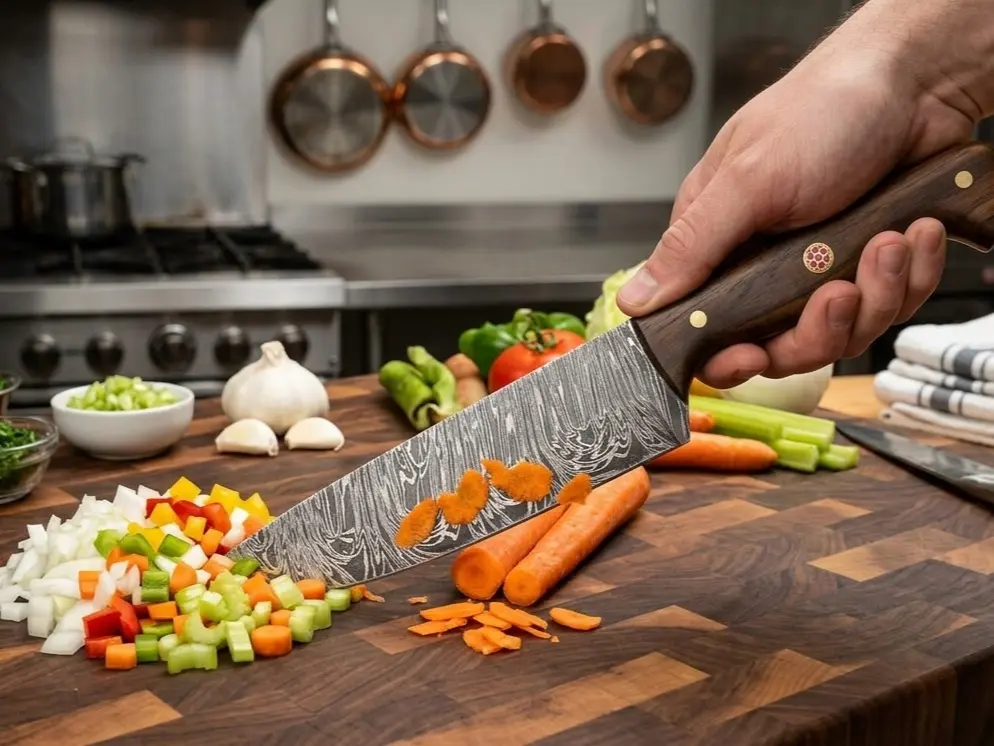Chef's Choice Damascus Steel Knife with Wooden Handle for Precision Chopping and Slicing in the Kitchen