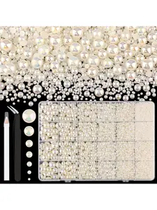 8600pcs Flat-Bottomed Pearls (Beige AB) for Crafts, Assorted Sizes 3/4/5/6/8/9Mm Non-Ironed Semi-Pearls, for Handmade Clothing Cup Shoes Fabric Embellishment Sparkling Beads Nail Art Makeup