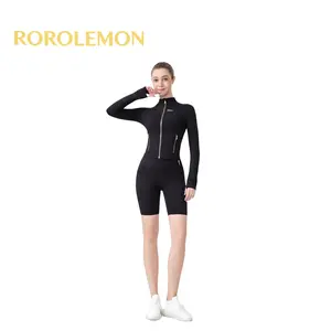 ROROLEMON Women's Short Fitness Yoga Jacket with Gold Zipper Matching Cycling Five-Point Pants Set