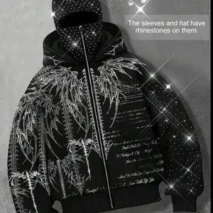 Glothic Style Skeleton Rhinestone zipper cardigan men's hoodie, Graphic hoodies, sleeve hot rhinestone, sparkling starry sky unisex hoodie European and American street jacket, autumn and winter plus velvet hoodie Instagram style Menswear Tops