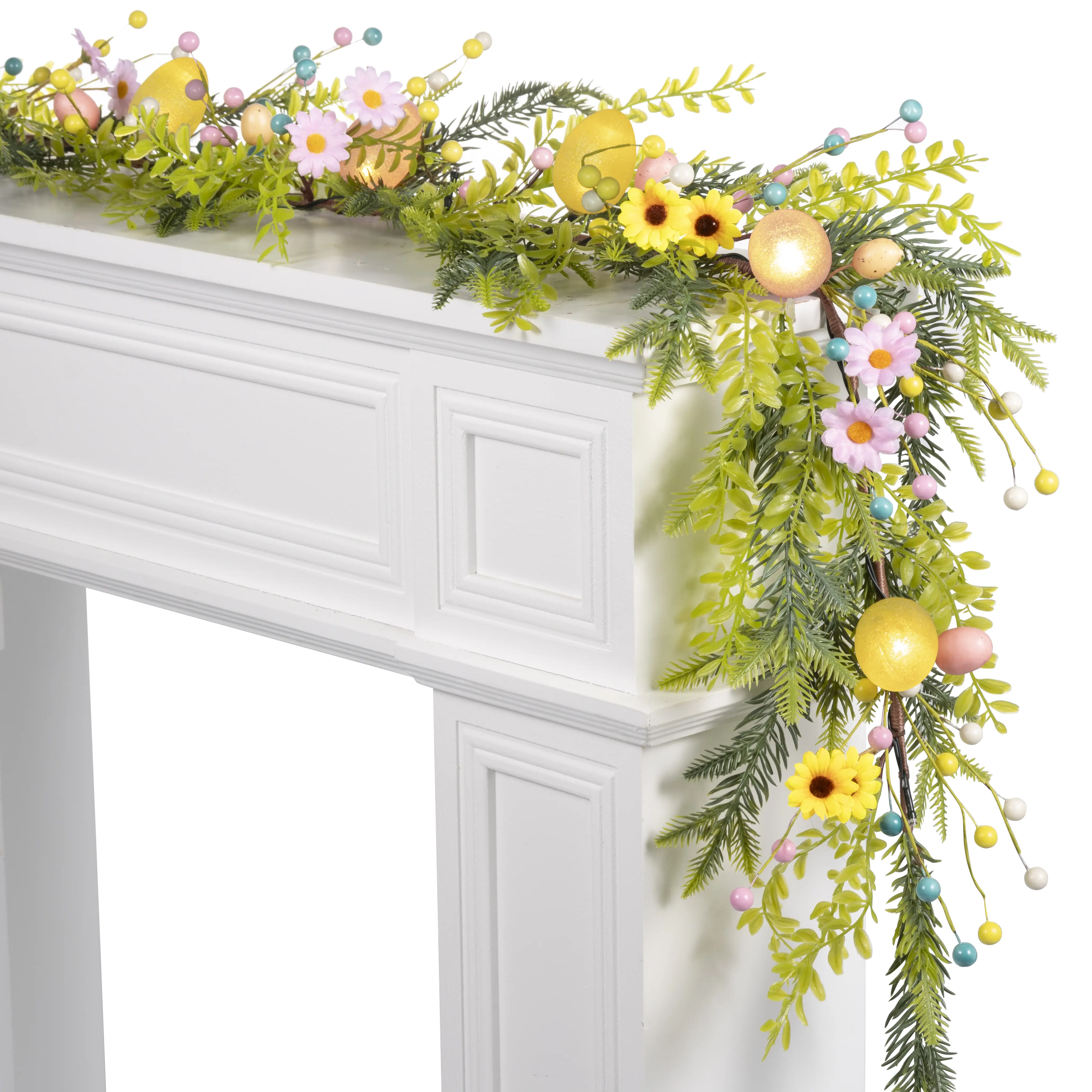 6FT Prelit Easter Garland with 20 LED Lights & 8 Modes Timer,Easter Decorations for Home,Battery Operated Lighted Easter Egg Garland with Berry Daisy for Mantle Door Table Indoor Outdoor Spring Decor