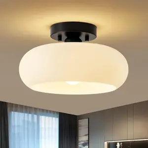 Mid-Century Modern Semi Flush Mount Ceiling Light, Metal Kitchen Light Fixture with Glass Shade, White and Black Colse to Ceiling Lamp for Entryway Hallway Bathroom (11.0 Inch)