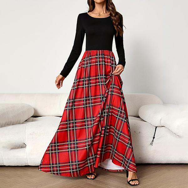 Women's Elegant Red and Black Plaid Maxi Dress - Fashionable Long Sleeve A-Line Dress - Round Neck Polyester Comfortable Fit for All Seasons - Long Sleeve Dress Casual Fabric summer outfits mom sundresses camel royal outfit Womenswear Knitted