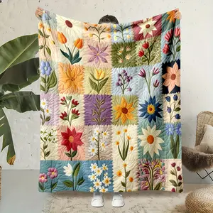 Patchwork Floral Flannel Throw Blanket, Quilted Vintage Soft Cozy Blanket, Statement Piece for Bedroom Living Room Sofa, Gift for Her Women, Warm Nap Blanket for Office, Cottagecore Fall Home Decor