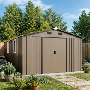 ARCH 10x12 FT Outdoor Metal Storage Shed with Two Daylight Windows, 0.25mm Color Steel Plate, Protective Film, Brown Finish, Garden Tool Organizer, Backyard Equipment Shelter, Patio Storage Building, Includes Installation Gift Kit