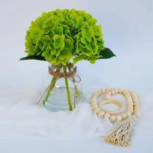 Faux Hydrangea Flowers in Vase with Wood Bead Strand, Lifelike Artificial Hydrangea Arrangement with Artificial Water for Home Table Centerpiece