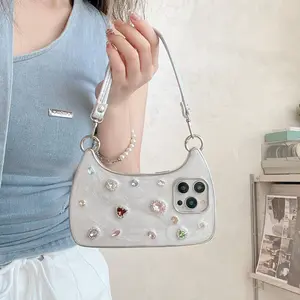 Luxury Bling Bag Case for iPhone 13/14/15/16/17 Pro Max with Wrist Strap, Fashion 3D Handbag Shape Sparkle Rhinestone Protective Cover, Ideal Gift for Women Girls