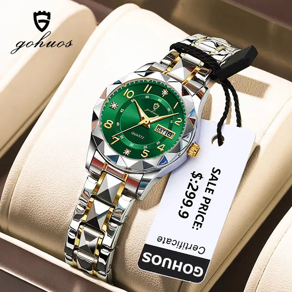 GOHUOS Women's Elegant Round Dial Fashion Jewelry Wristwatch - Stainless Steel Quartz, Luminous Display, Week-Date Calendar, Waterproof for Everyday Wear