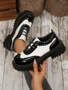 Women's Fashion Colorblock Chunky Heel Leather Oxford Shoes, Pu Leather Upper, Block Carving + Zigzag Sole, Sweet Cool Style, Perfect for College & Streetwear