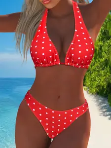 Women's Polka Dot Bikini Set, Lace-Up Triangle Top & Bottom Swimsuit, Sexy Beachwear for All Seasons, Wireless Design