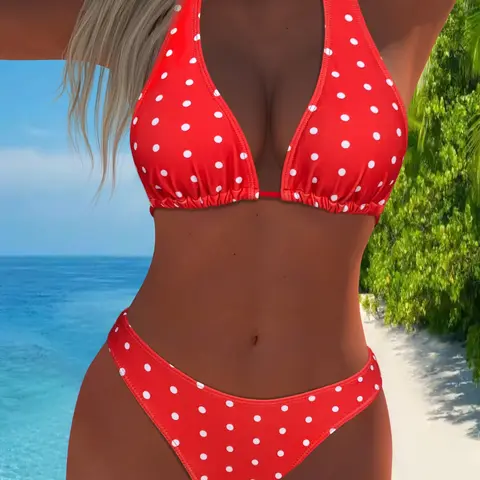 Women's Polka Dot Bikini Set, Lace-Up Triangle Top & Swim Bottom, Sexy Swimwear & Beachwear for All Seasons, Wireless Swimsuit, Lace Up Bikinis, Bikini Bathing Suits