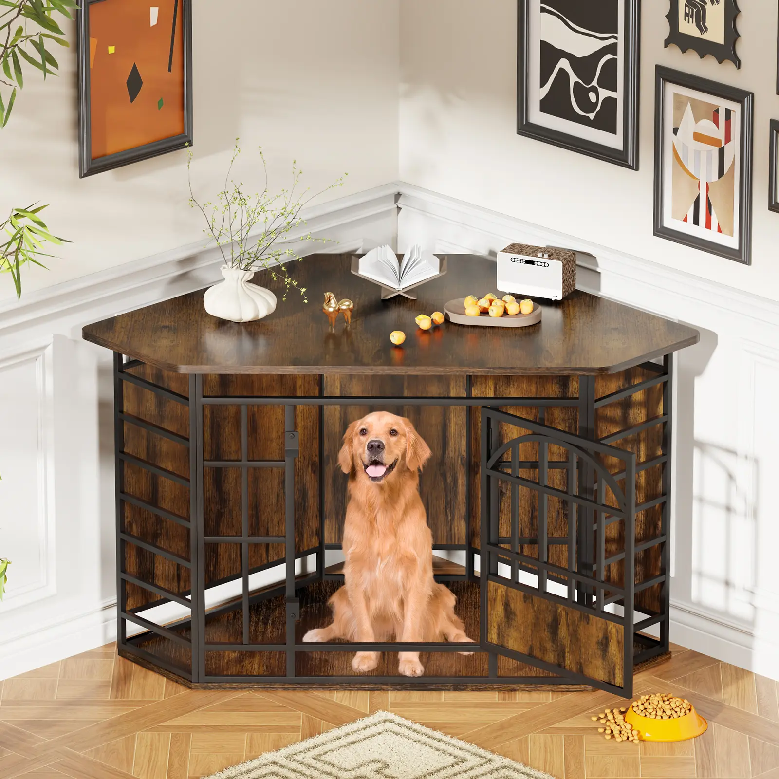 【HolidayHaul】COZPAW 52 Inch Corner Dog Crate Furniture,Wooden Dog Kennel Indoor Furniture End Table,Modern Dog Cage Decorative Pet House TV Stand for Large Medium Dogs,Vintage Brown Enclosure Enclosed