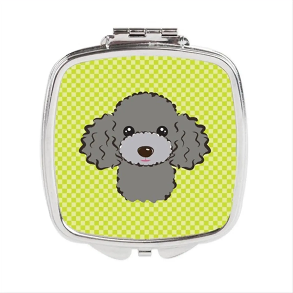 Checkerboard Lime Green Silver Gray Poodle Mirror Compact, Portable Size, 2.75x3x0.3 in Makeup Mirror for Beauty & Personal Care