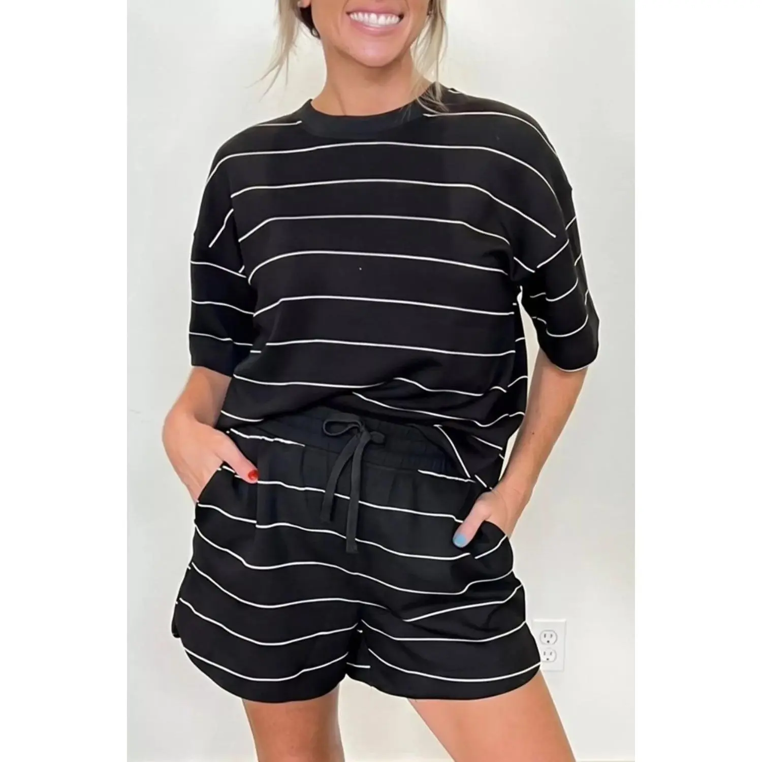 Striped Round Neck Top and Drawstring Shorts Set