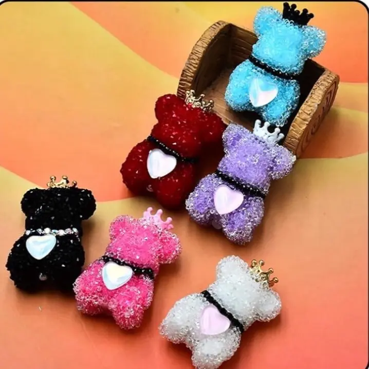 Bear Pen Toppers - Red with Heart Accent, Gold Crown Detailing, 4cm/0.94in, 6 or 12 Pieces, Blue Beads Charms Accessories, DIY Beading Supplies