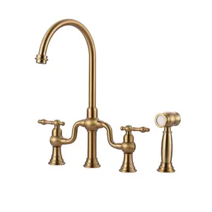 WOWOW Brass Double Handle Deck Mounted Bridge Kitchen Faucet with Side Sprayer in Brushed Gold