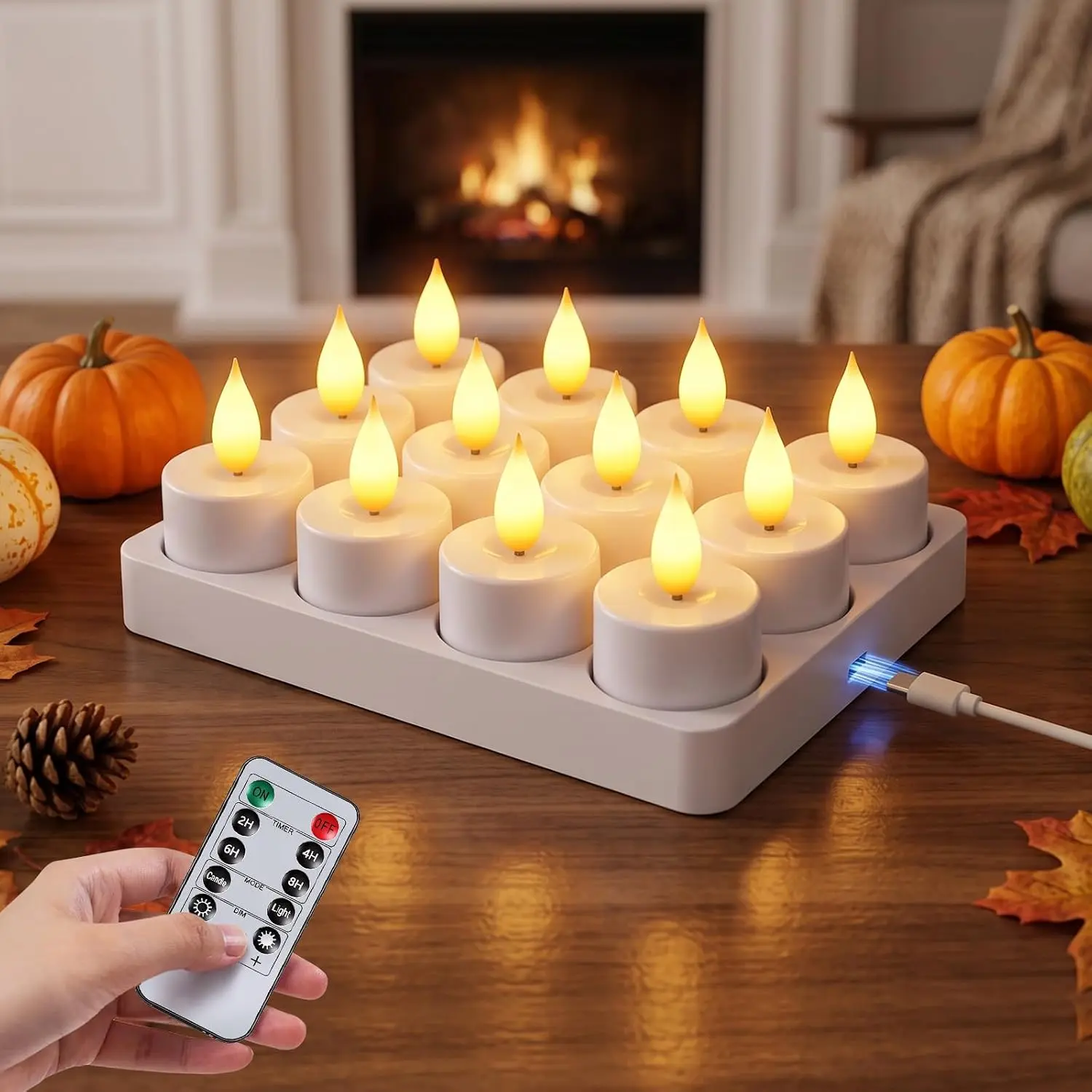 MATULSA Rechargeable LED Tea Lights Candles - Remote, Timer, Charging Base, Realistic Bright Flickering Flameless Candles for Halloween, Home Decoration, Room Decor
