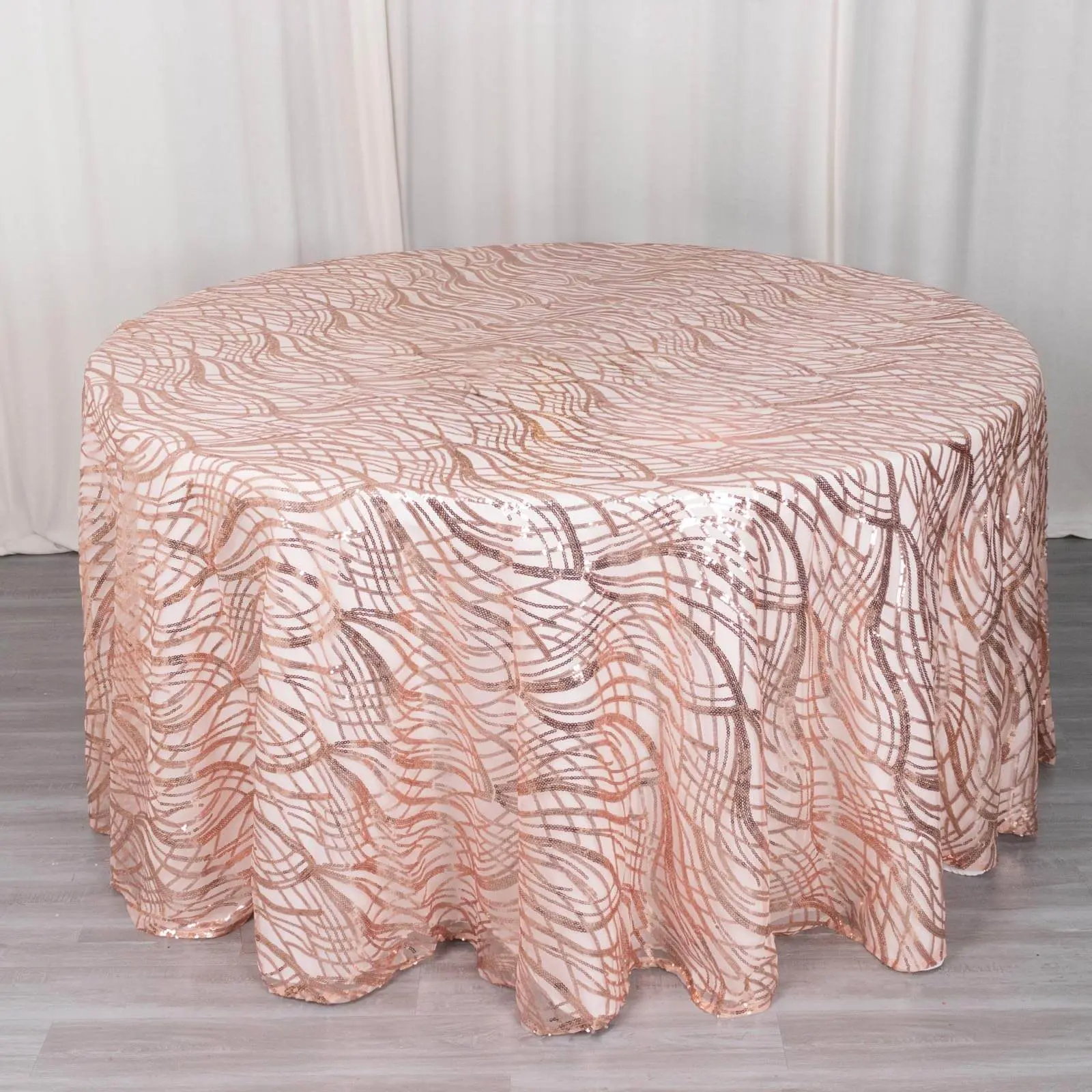 Rose Gold 120in Wave-Embroidered Sequin Decorative Mesh Round Tablecloth - 1-Piece Arches Design Kitchen Linen, Hand Washable for Themed Events, Hotels, Receptions