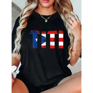 Plus Size Puerto Rico Flag T Shirt for Women Featuring Bold TITI Lettering Short Sleeves Round Neck Casual Vintage Style Glossy Fabric