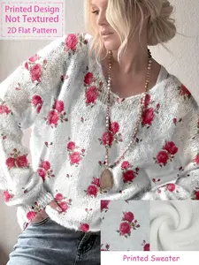 Women's V-Neck Long Sleeve Knit Sweater, Rose Print Casual Top, Lazy Style Outerwear, Daily Wear, Versatile Pullover Spring