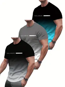 3 Piece Gradient Letter Print 3D Digital Full Body Print Men's Round Neck Pullover T-Shirt, Casual Short Sleeve T-Shirt