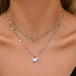 Exquisite Cute Women's Lats Sparkling Butterfly Necklace Double Layer Collar Chain Jewelry Banquet Party Holiday Gift for Girls