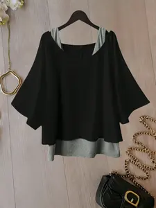 Fashionable Layered Two-Piece Set, Loose Batwing Sleeve T-Shirt, Solid Color Inner Vest, Casual Lazy Style Top for Women, Chic