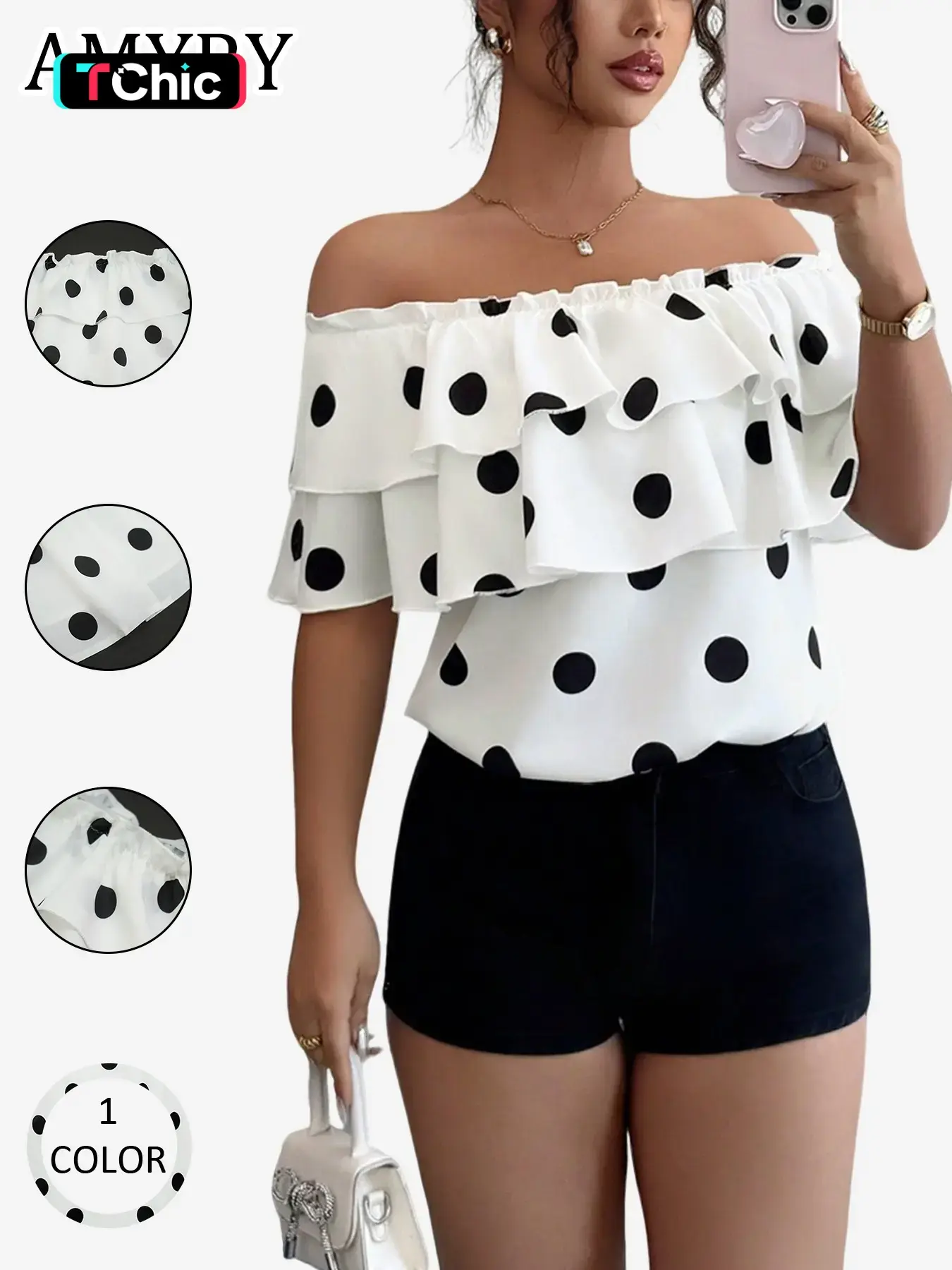 New Women's Polka Dot Top 2026, Casual Floral Print Layered Ruffled Shoulder Short Sleeve Shirt, Fashionable Ladies' Clothing