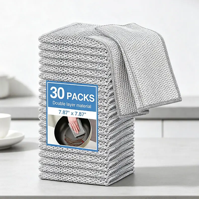 10-30 Pack Streak-Free 2-Layer Non-Scratch Wire Dishcloths, Multipurpose Metal Dishwashing Scrub Rags, Wet & Dry Kitchen Cleaning Tools