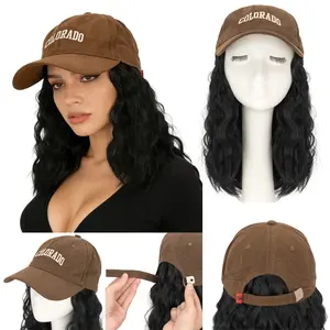 8 Inch Brown Curly Bob Hat Wig with Baseball Cap – Synthetic Short Wave Hair Extensions For Women