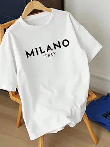 Summer Milan Italy Letter Print Short Sleeve T-Shirt, Casual Fashionable Youth Streetwear, Loose Fit Half Sleeve Top, Travel Leisure Clothing