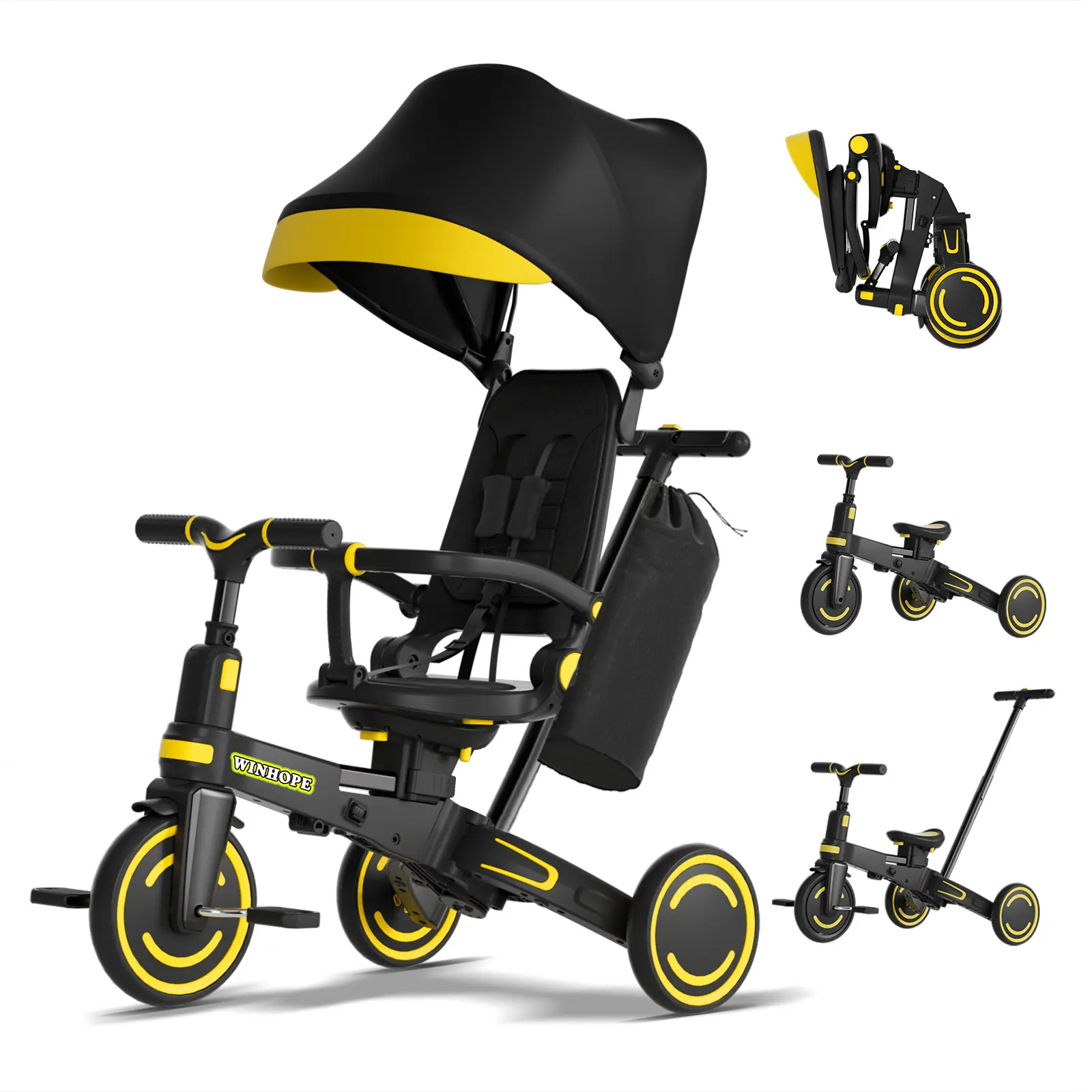 WinHope 9‑in‑1 Convertible Stroller Trike, Multifunctional Kids Tricycle with Removable Guardrail and Sun Canopy, Outdoor Ride‑On Toy for Boys & Girls 1‑6Y