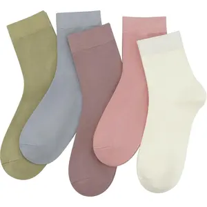 Women Thin Viscose Bamboo Socks Crew Lightweight Above Ankle Casual Dress Sock For Ladies Bootie Trouser 5 Pairs