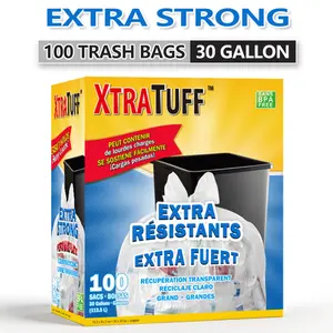 Sturdy Trash Bags, 100-Count 30 Gal (113.5L) White Disposable Extra-Strong Leak-Proof Durable Easy-To-Use Plastic Bags, 1-Box for Kitchen Trash Cans, Home Cleaning Supplies