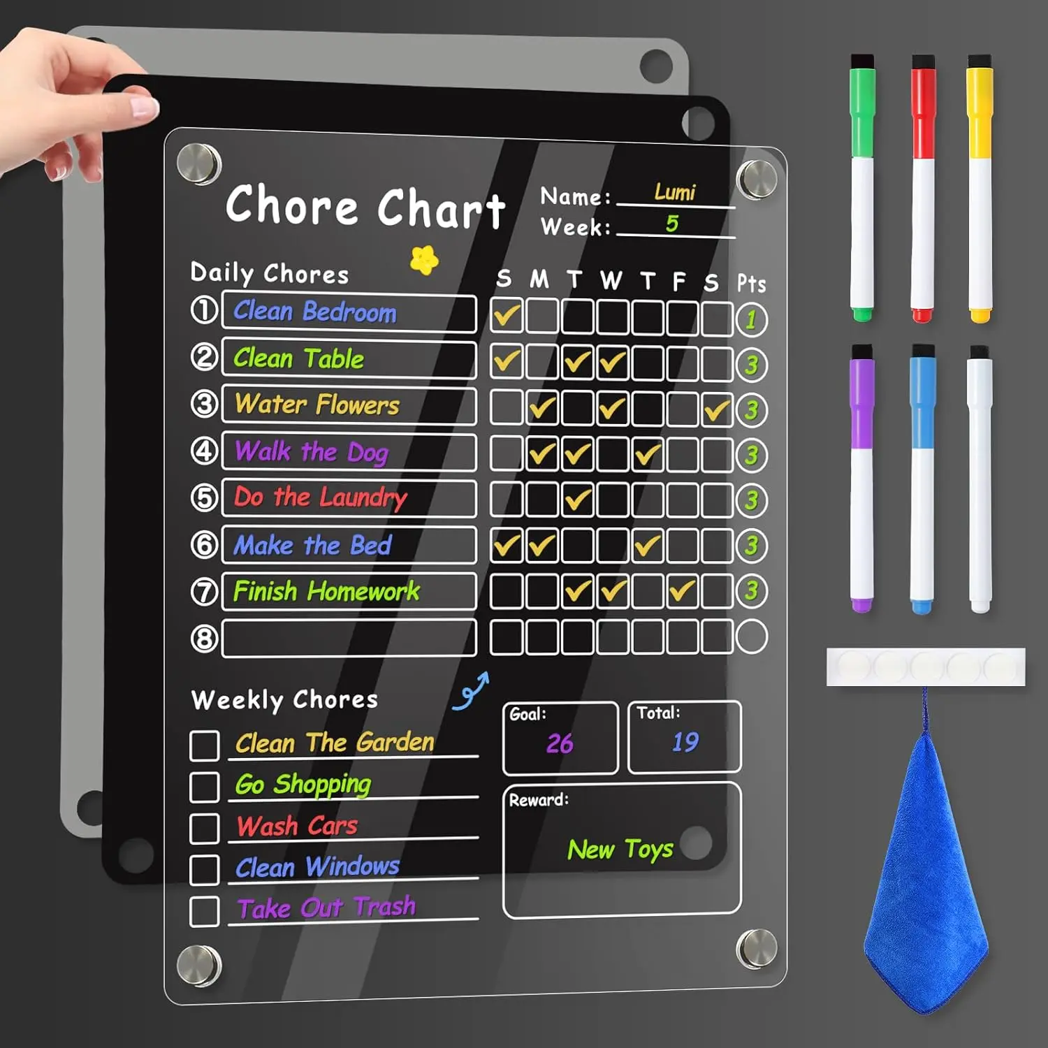 Acrylic Magnetic Chore Chart for Kids & Adults 12"x9.5" Transparent Dry Erase Checklist with 6 Markers & Towel for Teenagers and Adults